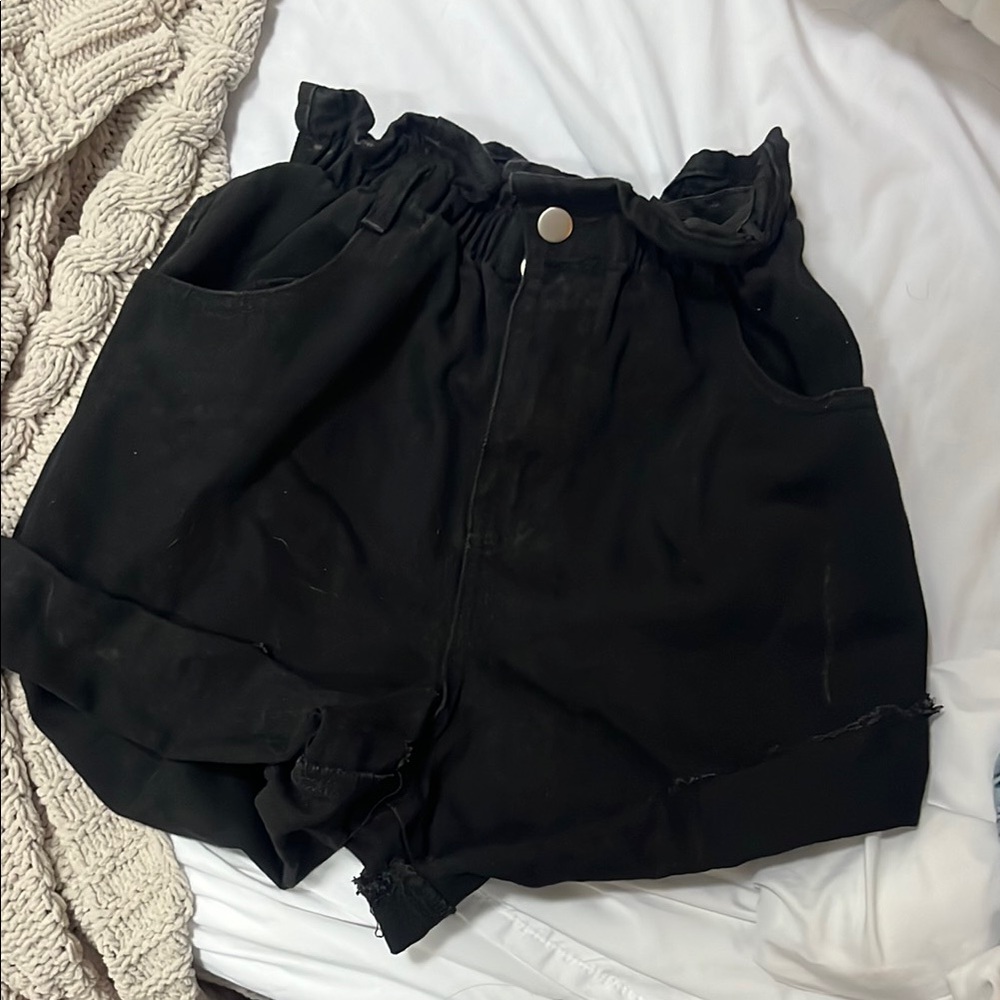 Black Ruffled High-Waist Shorts
